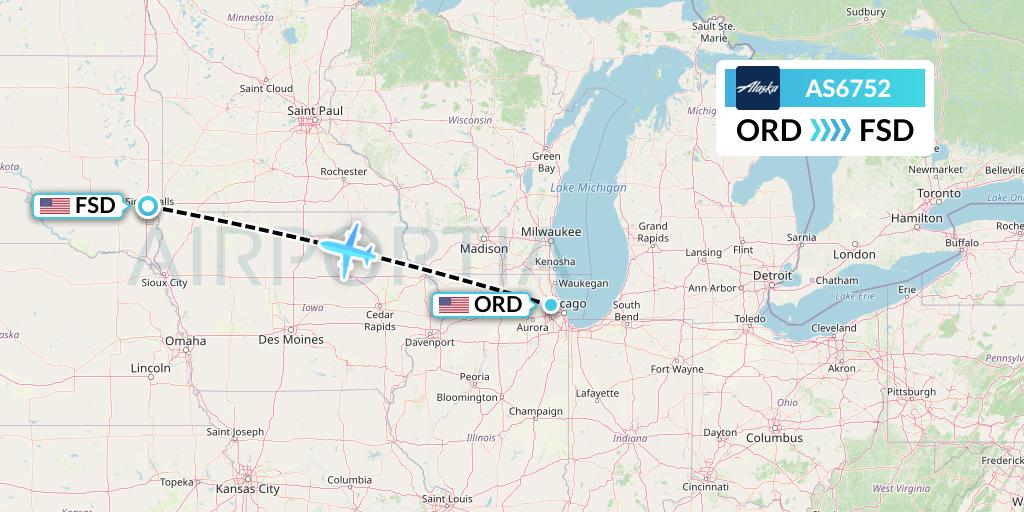 AS6752 Alaska Airlines Flight Map: Chicago to Sioux Falls
