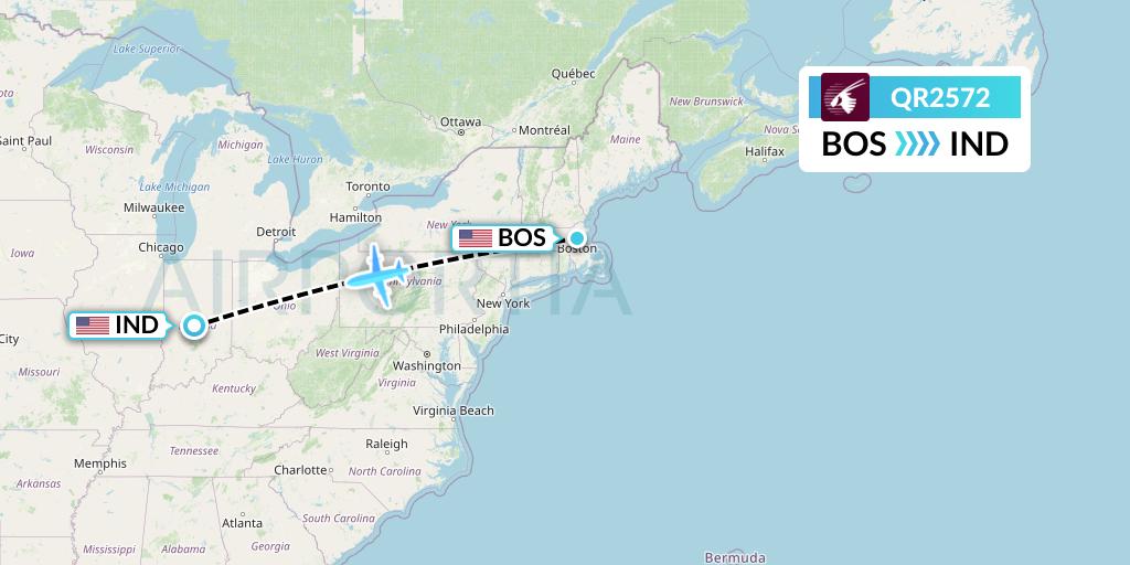 QR2572 Qatar Airways Flight Map: Boston to Indianapolis
