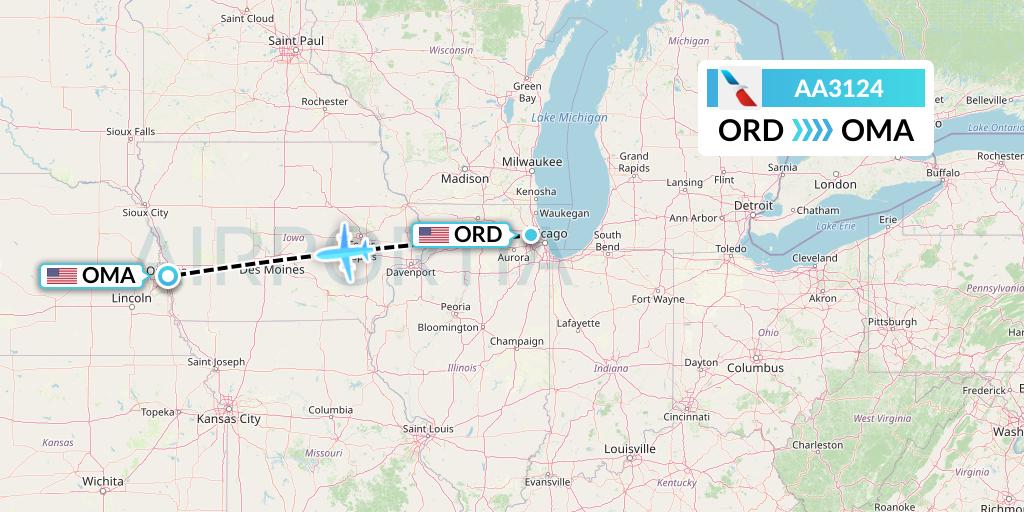 AA3124 American Airlines Flight Map: Chicago to Omaha