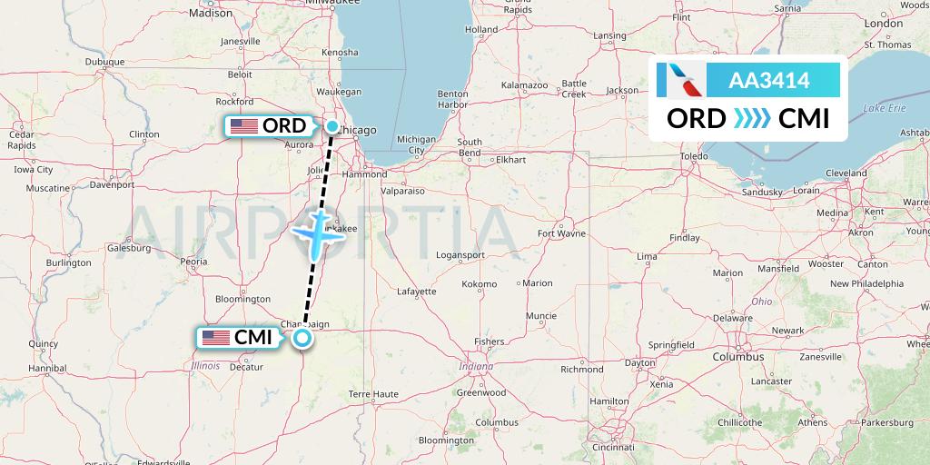 AA3414 American Airlines Flight Map: Chicago to Champaign