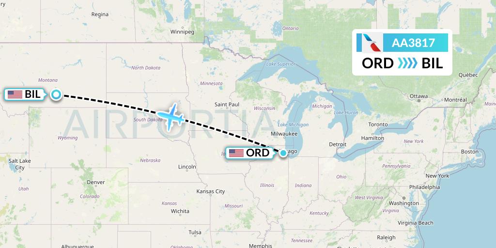 AA3817 American Airlines Flight Map: Chicago to Billings