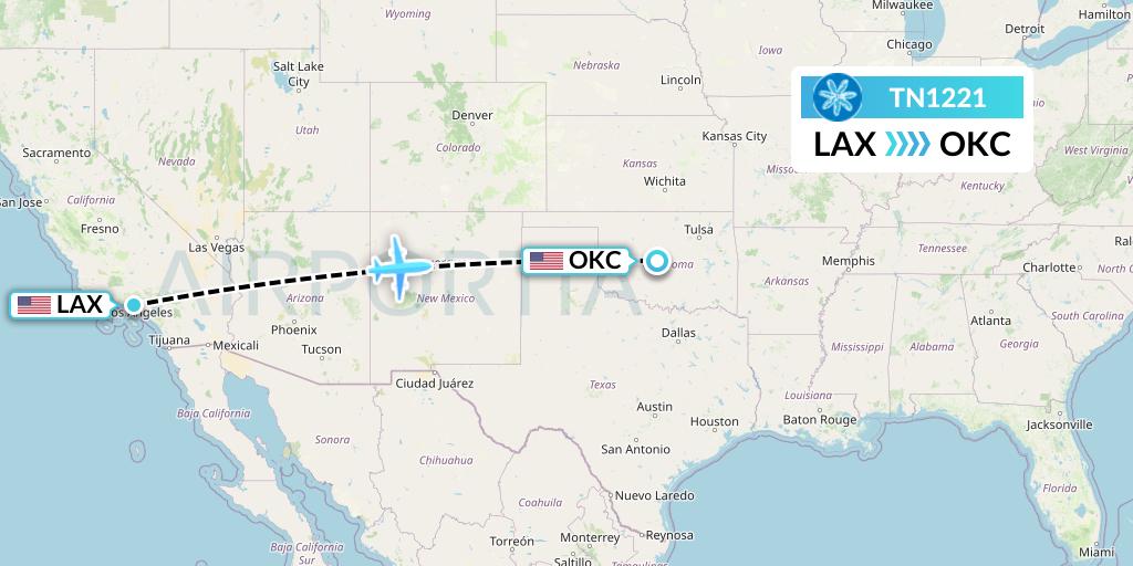 TN1221 Air Tahiti Nui Flight Map: Los Angeles to Oklahoma City
