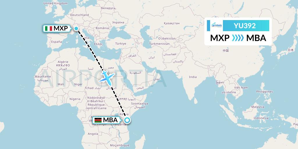 YU392 EuroAtlantic Airways Flight Map: Milan to Mombasa