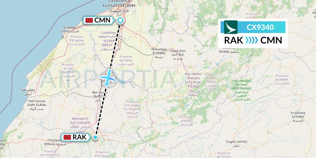 CX9340 Cathay Pacific Flight Map: Marrakesh to Casablanca