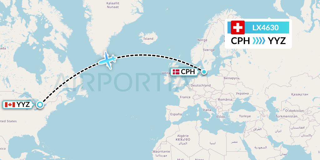 LX4630 Swiss Flight Map: Copenhagen to Toronto