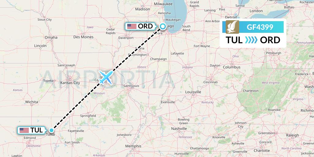 GF4399 Gulf Air Flight Map: Tulsa to Chicago