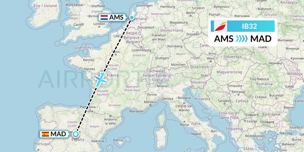 IB32 Iberia Flight Map: Amsterdam to Madrid