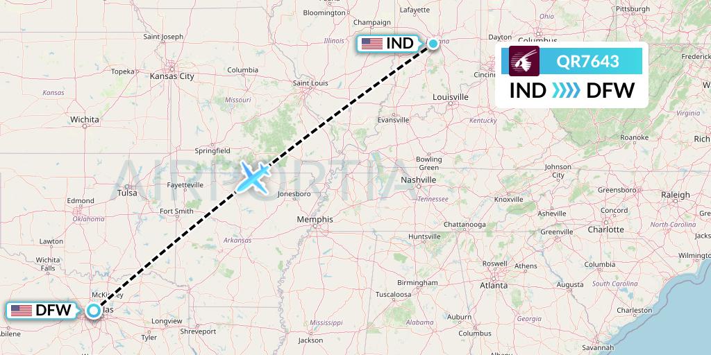 QR7643 Qatar Airways Flight Map: Indianapolis to Dallas