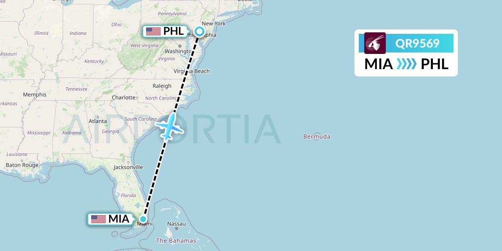 QR9569 Qatar Airways Flight Map: Miami to Philadelphia