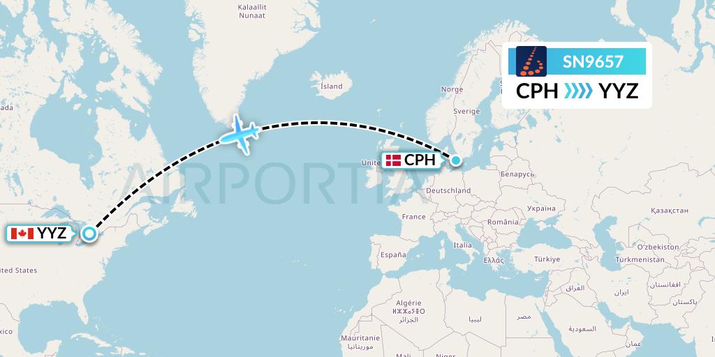 SN9657 Brussels Airlines Flight Map: Copenhagen to Toronto