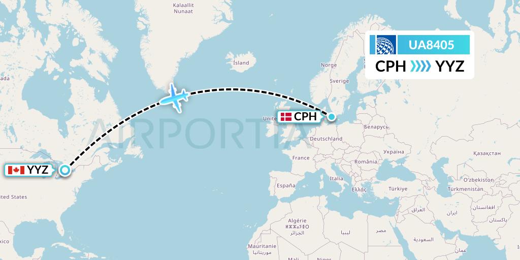 UA8405 United Airlines Flight Map: Copenhagen to Toronto