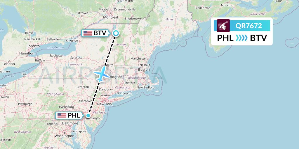 QR7672 Qatar Airways Flight Map: Philadelphia to Burlington