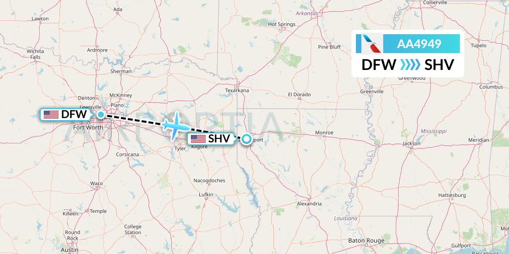 AA4949 American Airlines Flight Map: Dallas to Shreveport