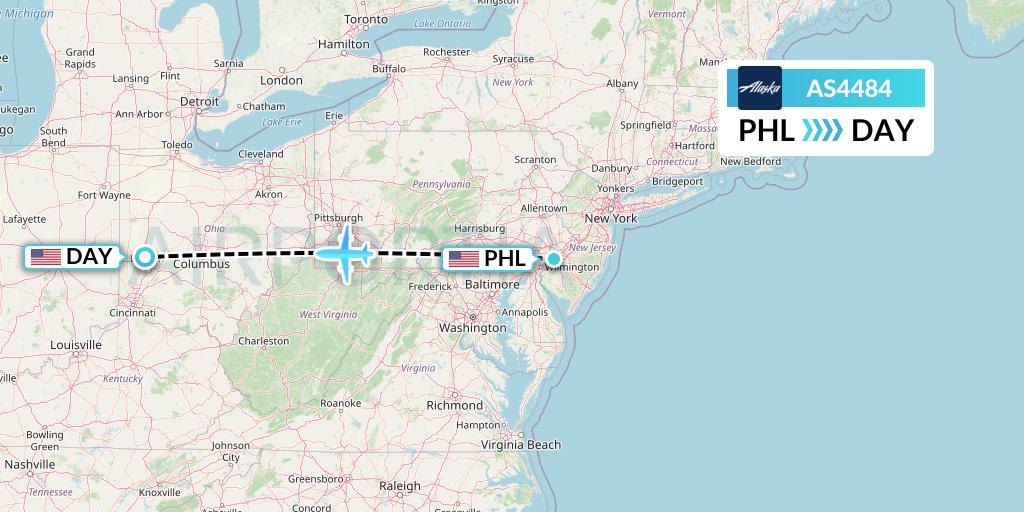 AS4484 Alaska Airlines Flight Map: Philadelphia to Dayton