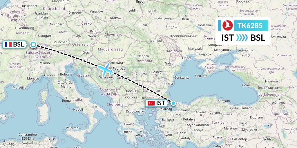 TK6285 Turkish Airlines Flight Map: Istanbul to Basel