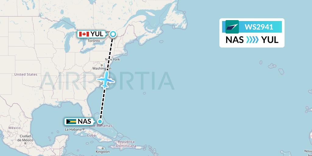WS2941 WestJet Flight Map: Nassau to Montreal