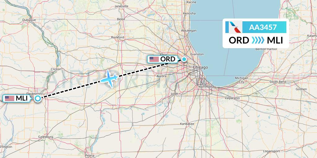 AA3457 American Airlines Flight Map: Chicago to Moline