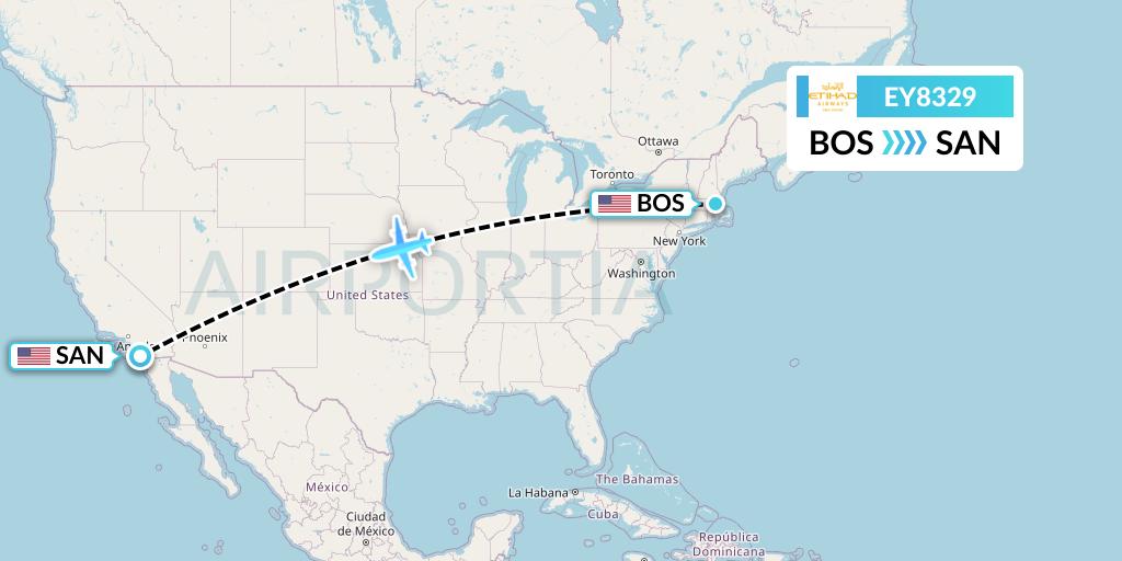EY8329 Etihad Airways Flight Map: Boston to San Diego