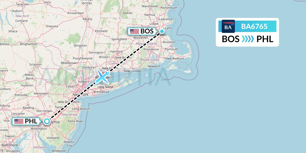 BA6765 British Airways Flight Map: Boston to Philadelphia
