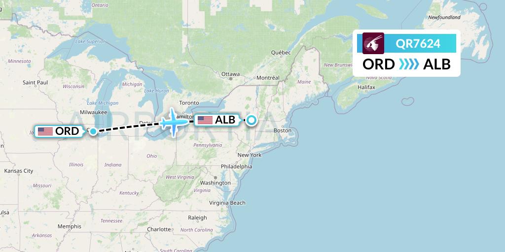 QR7624 Qatar Airways Flight Map: Chicago to Albany