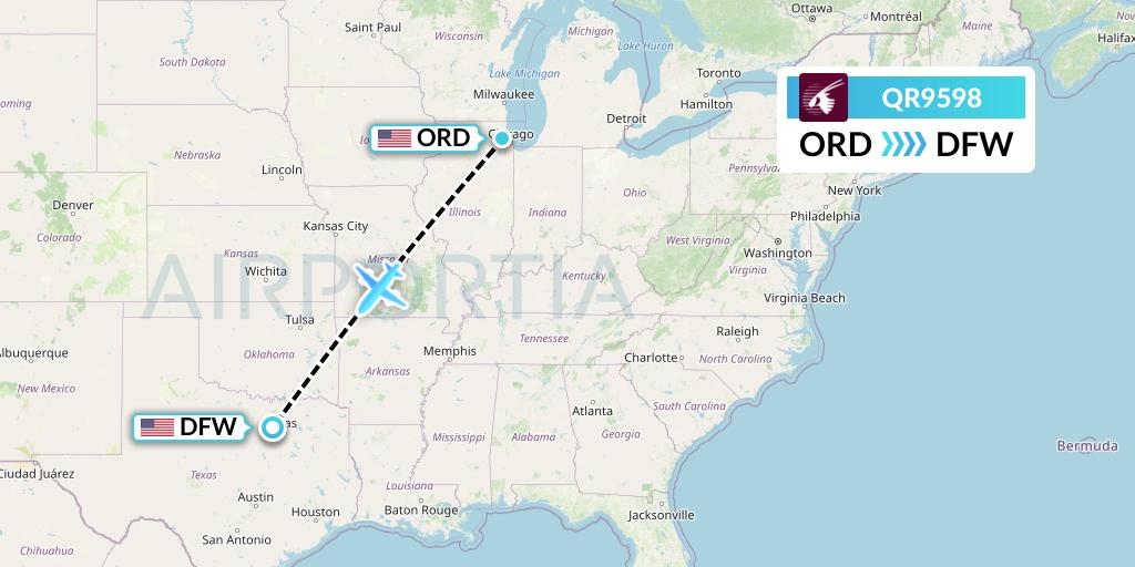 QR9598 Qatar Airways Flight Map: Chicago to Dallas