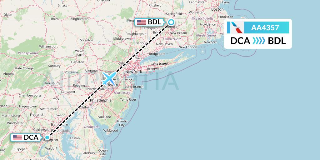AA4357 American Airlines Flight Map: Washington to Windsor Locks