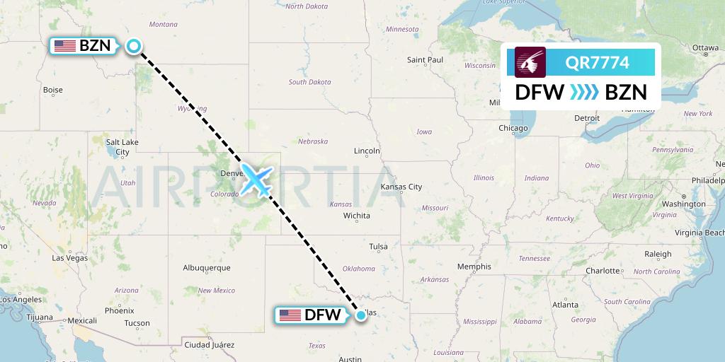 QR7774 Qatar Airways Flight Map: Dallas to Bozeman