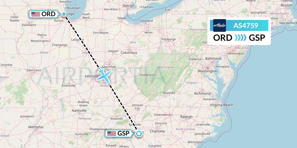 AS4759 Alaska Airlines Flight Map: Chicago to Greenville-Spartanburg