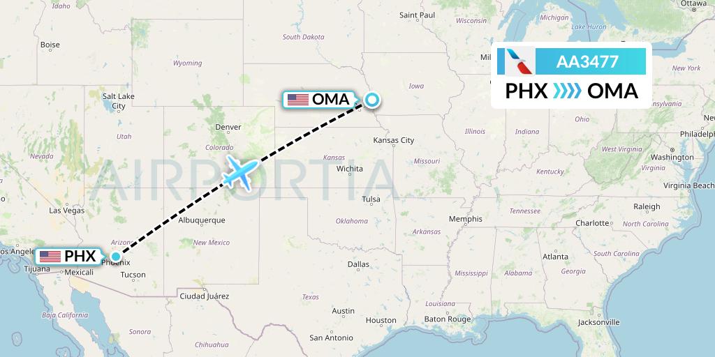 AA3477 American Airlines Flight Map: Phoenix to Omaha