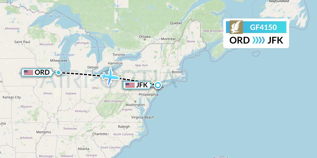 GF4150 Gulf Air Flight Map: Chicago to New York