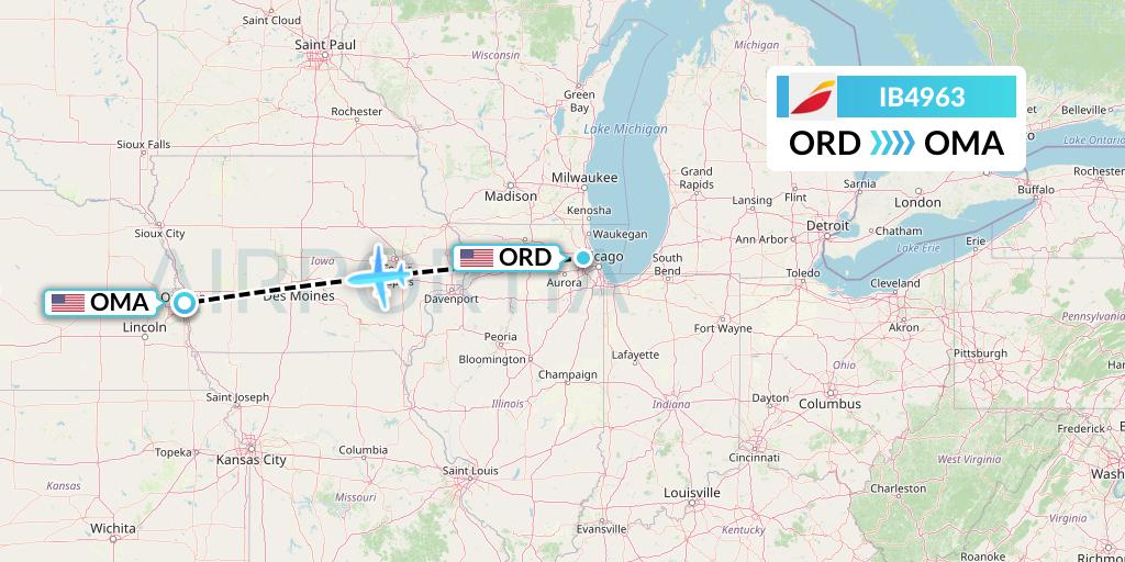 IB4963 Iberia Flight Map: Chicago to Omaha