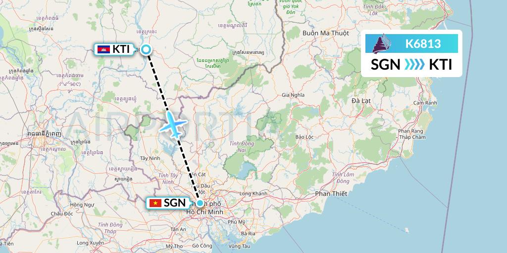 K6813 Cambodia Angkor Air Flight Map: Ho Chi Minh City to Kratie