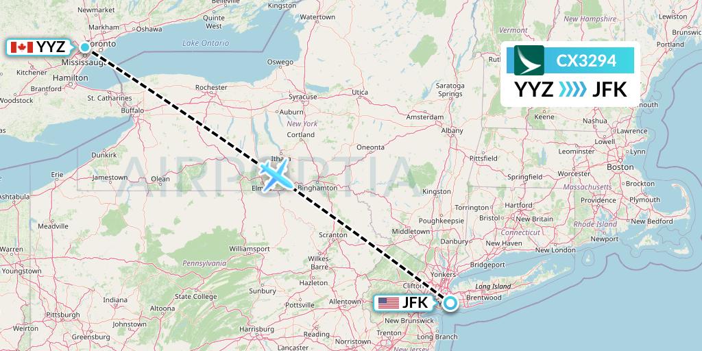 CX3294 Cathay Pacific Flight Map: Toronto to New York