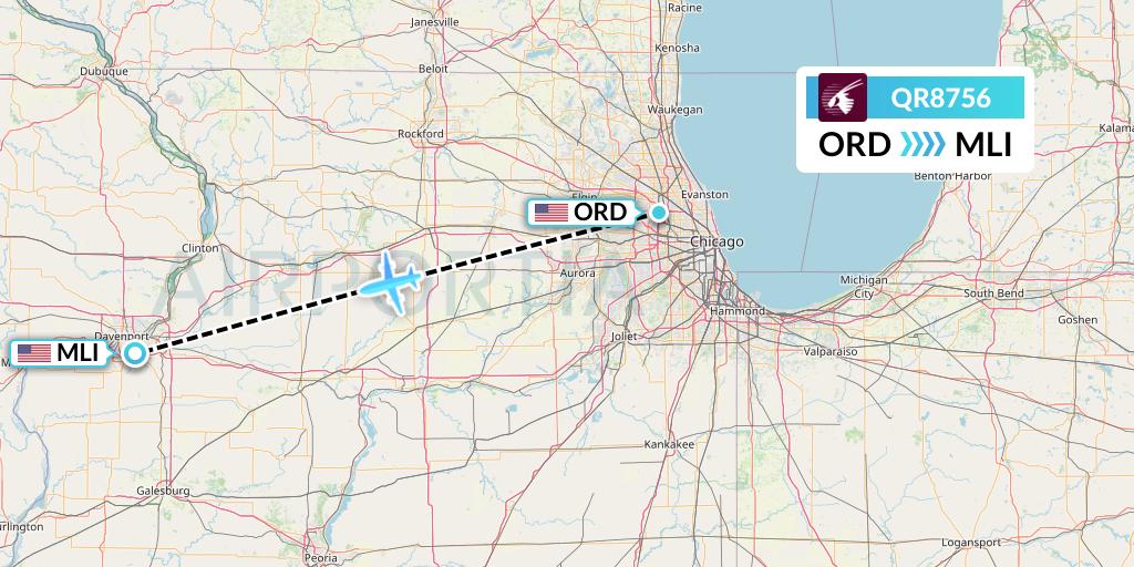 QR8756 Qatar Airways Flight Map: Chicago to Moline