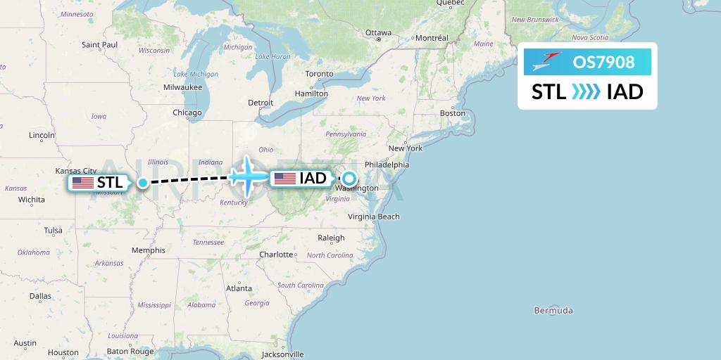 OS7908 Austrian Airlines Flight Map: St. Louis to Washington
