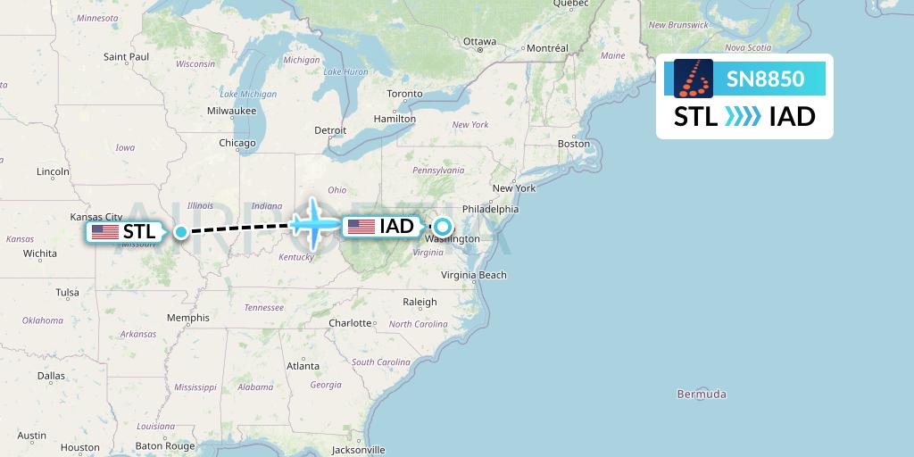 SN8850 Brussels Airlines Flight Map: St. Louis to Washington