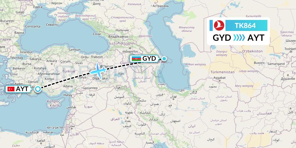 TK864 Turkish Airlines Flight Map: Baku to Antalya