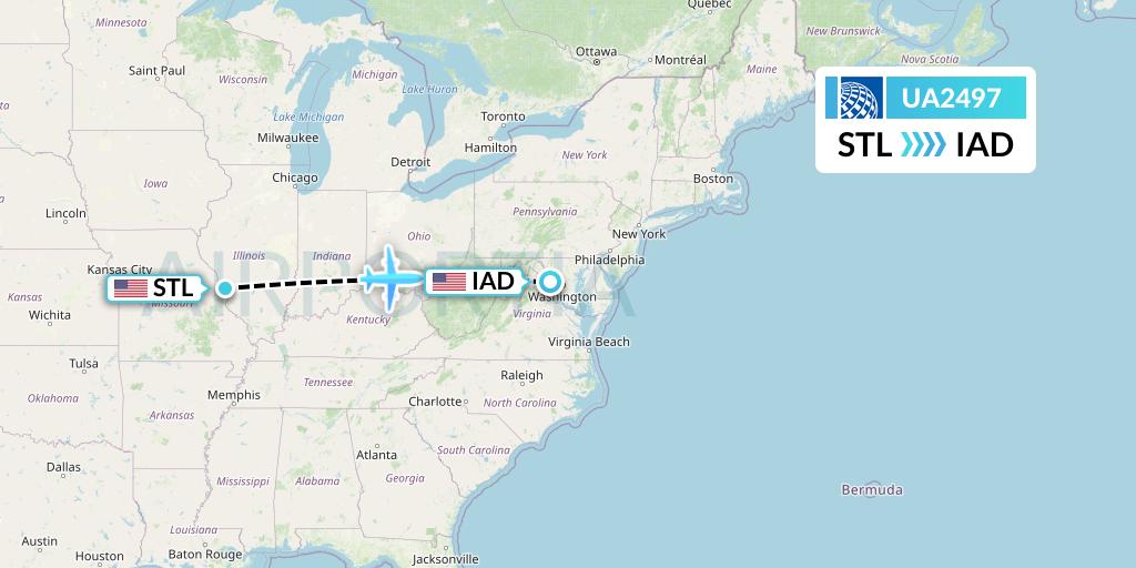 UA2497 United Airlines Flight Map: St. Louis to Washington
