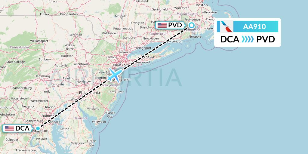 AA910 American Airlines Flight Map: Washington to Providence