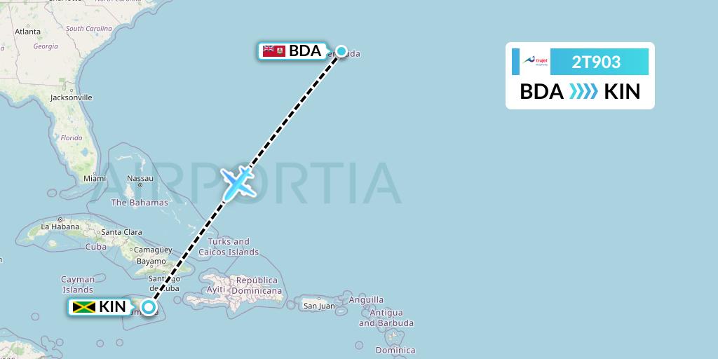 2T903 Trujet Flight Map: Bermuda to Kingston