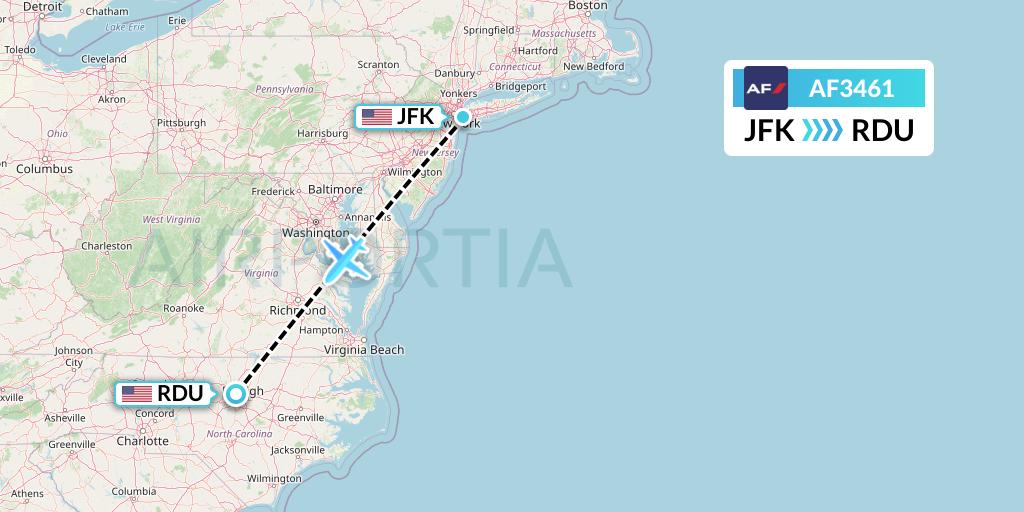 AF3461 Air France Flight Map: New York to Raleigh-Durham