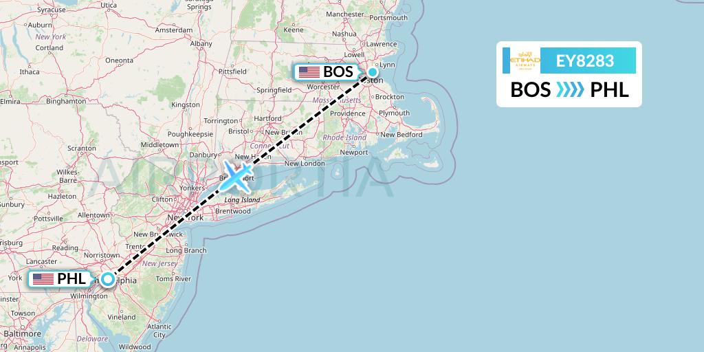 EY8283 Etihad Airways Flight Map: Boston to Philadelphia