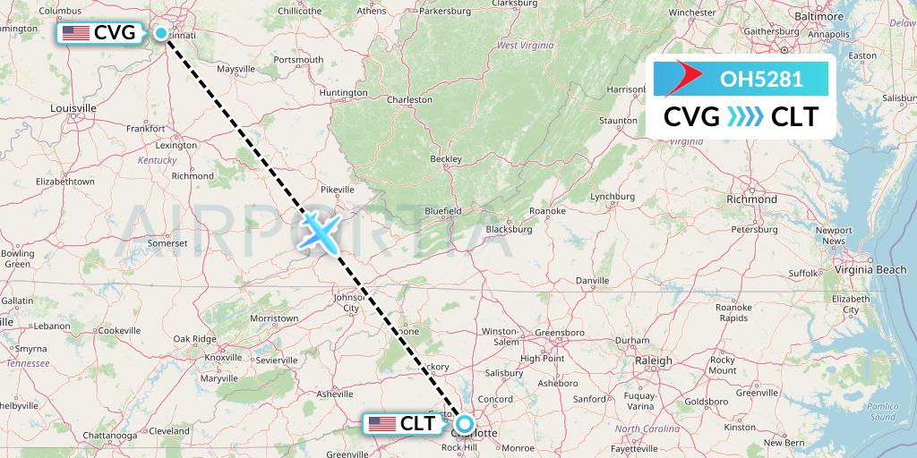 OH5281 PSA Airlines Flight Map: Cincinnati to Charlotte