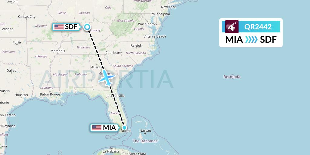 QR2442 Qatar Airways Flight Map: Miami to Louisville