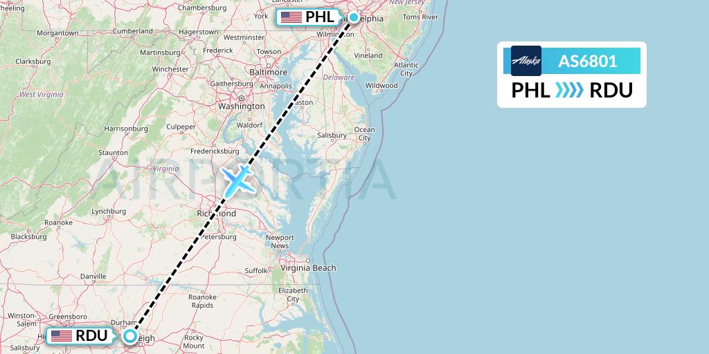 AS6801 Alaska Airlines Flight Map: Philadelphia to Raleigh-Durham