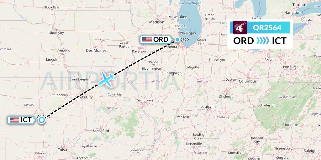 QR2564 Qatar Airways Flight Map: Chicago to Wichita