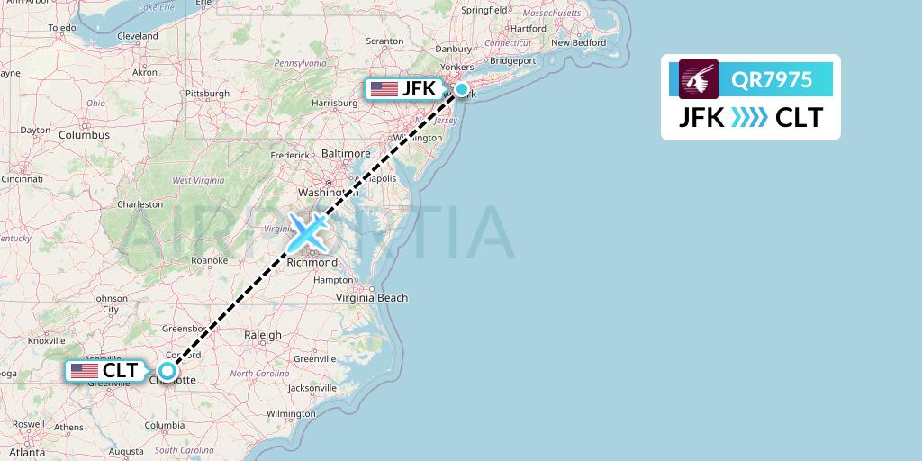 QR7975 Qatar Airways Flight Map: New York to Charlotte