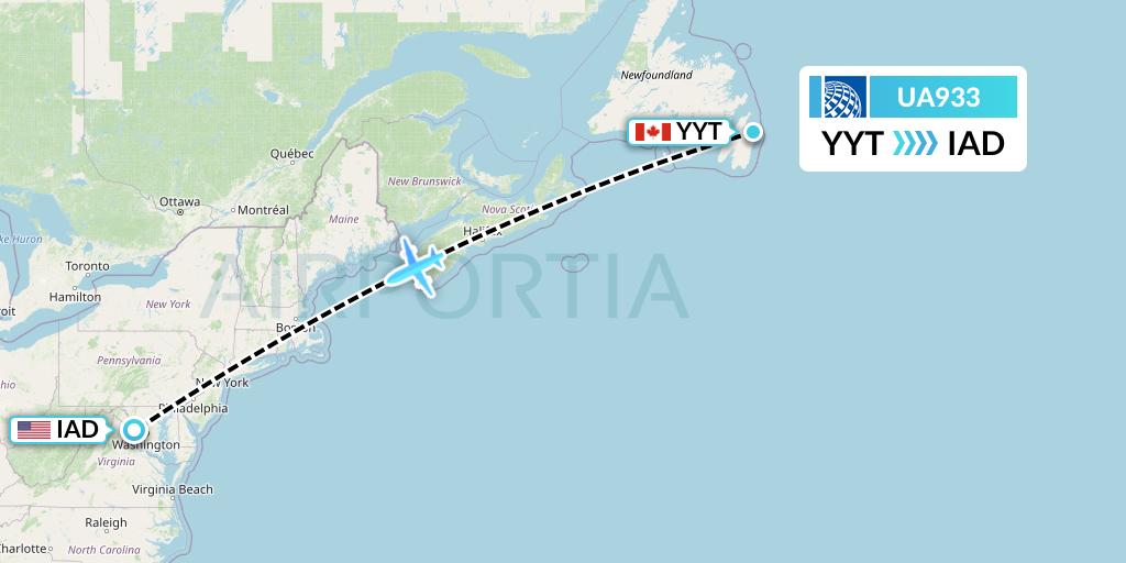 UA933 United Airlines Flight Map: St. John's to Washington