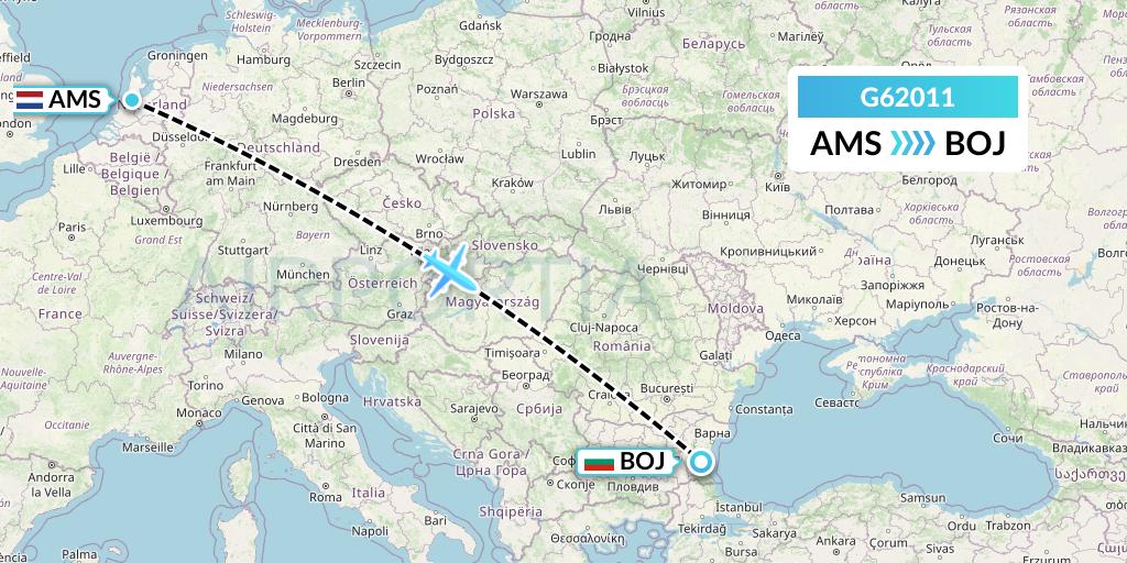 G62011 Fly Arna Flight Map: Amsterdam to Burgas