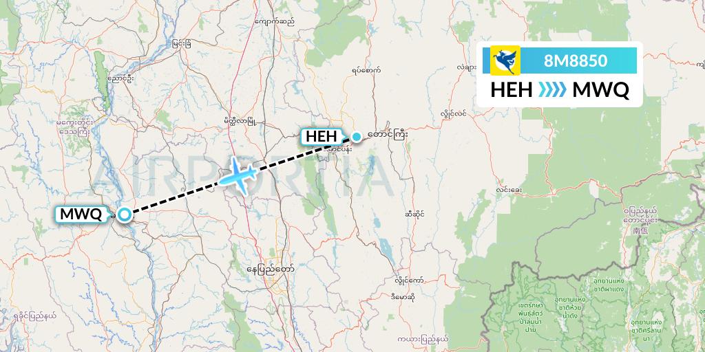 8M8850 Myanmar Airways International Flight Map: Heho to Magway